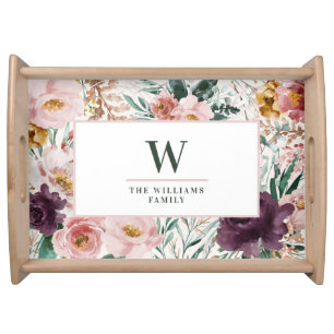 Modern watercolor floral elegant monogram pink thr serving tray