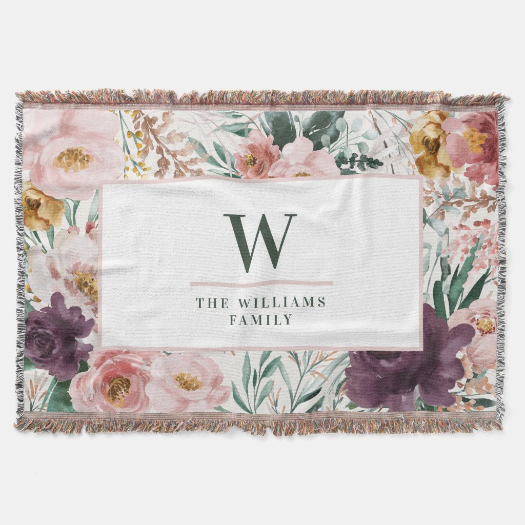 Modern Watercolor Floral Monogram Throw Blanket