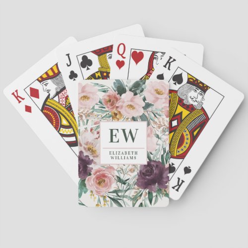 Modern watercolor floral elegant monogram playing cards - Modern watercolor floral script pink girly design. On trend floral, foliage beautiful botanical design. Part of a modern collection.