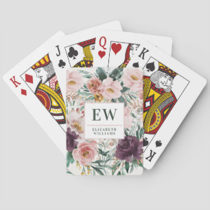 Modern watercolor floral elegant monogram poker cards