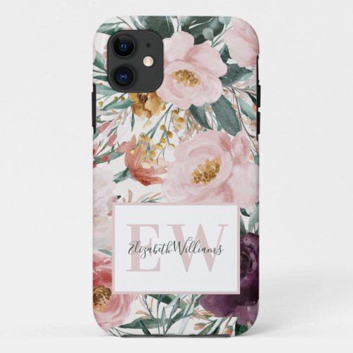 Modern watercolor floral elegant script iPhone 11 case - Modern watercolor floral script elegant pink girly design. On trend floral, foliage beautiful botanical design. Part of a modern collection.