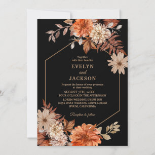  Modern watercolor floral fall Wedding Black Invitation