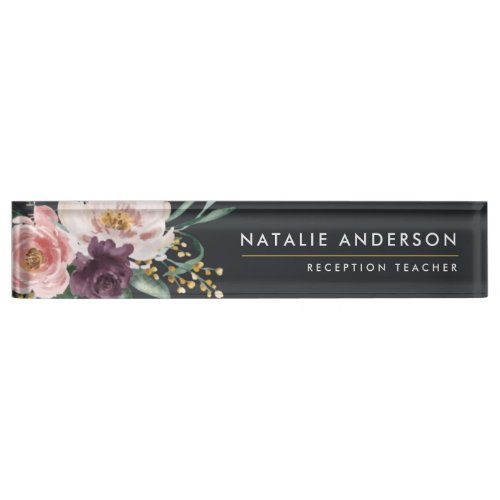 Modern watercolor floral foliage elegant teacher desk name plate