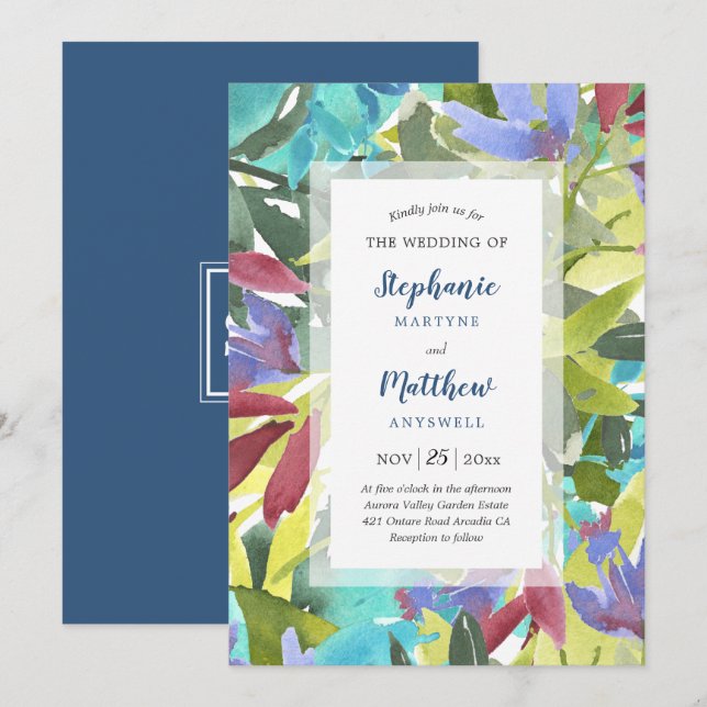 Modern Watercolor Floral Foliage Turquoise Wedding Invitation (Front/Back)