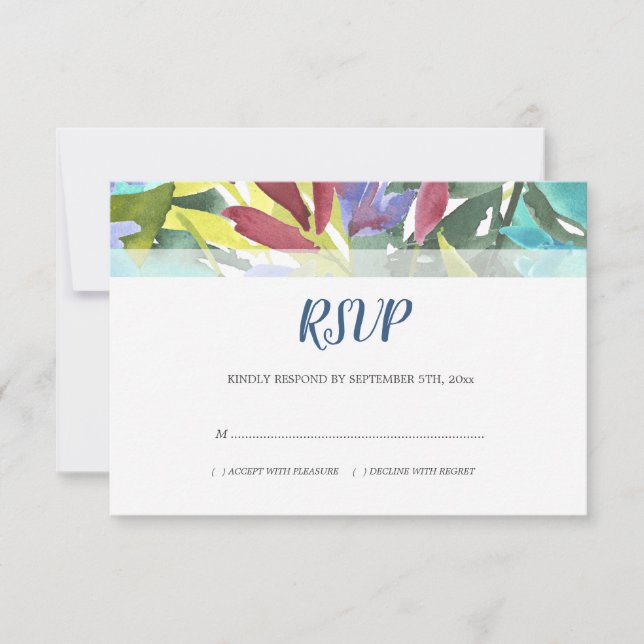 Modern Watercolor Floral Foliage Turquoise Wedding RSVP Card (Front)
