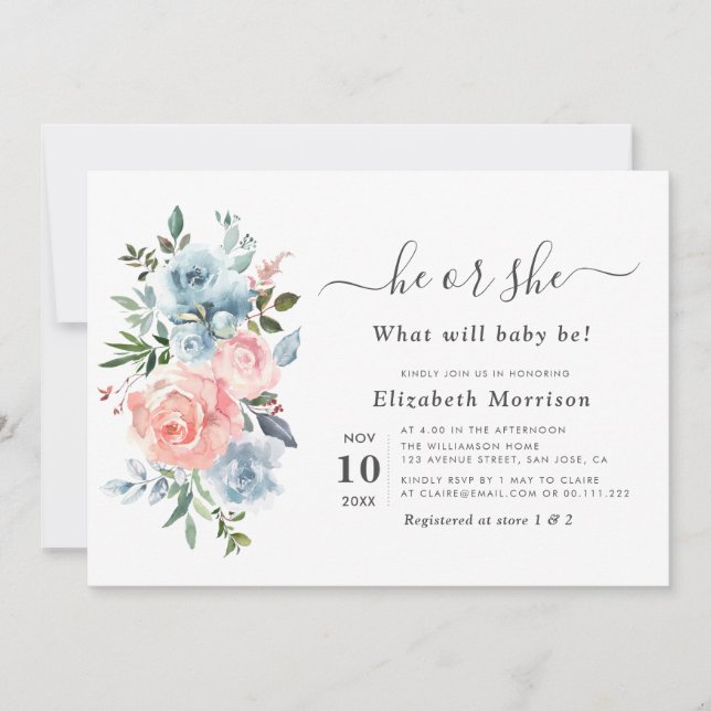 modern watercolor floral gender reveal invitation (Front)
