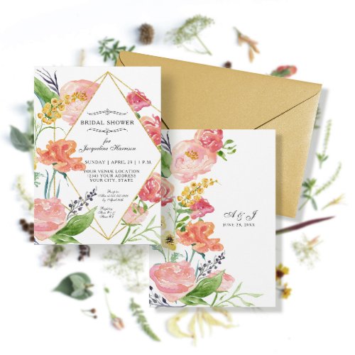Modern Watercolor Floral Geometric Gold Flowers Invitation