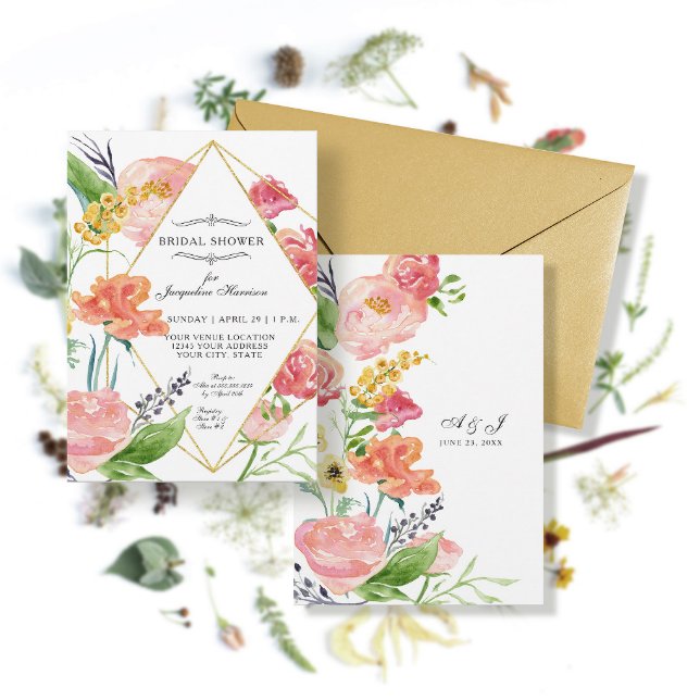 Modern Watercolor Floral Geometric Gold Flowers Invitation (Creator Uploaded)