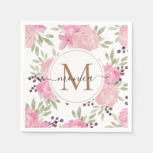 Modern Watercolor Floral Gold Monogram Name Napkin