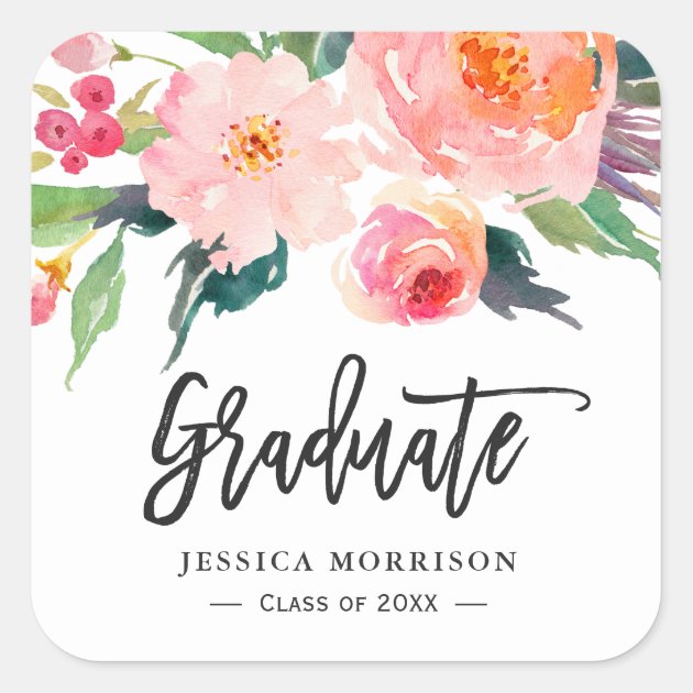 Modern Watercolor Floral Graduate Graduation Favor Square Sticker