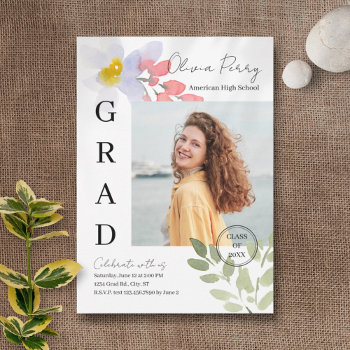 Modern Watercolor Floral Graduation Invitation by marlenedesigner at Zazzle