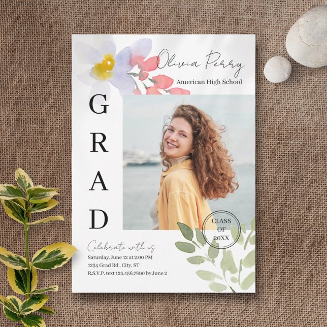 Modern Watercolor Floral Graduation Invitation (Creator Uploaded)