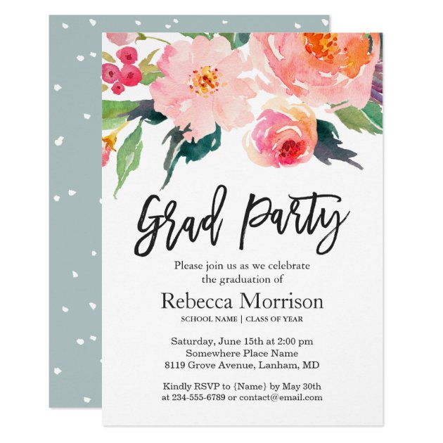 Modern Watercolor Floral Graduation Party Card (front side)