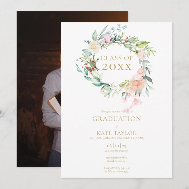 Modern Watercolor Floral Graduation Party Photo Invitation (Front/Back)