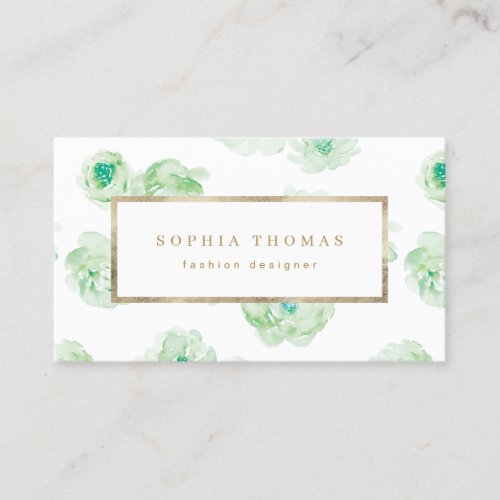 Modern watercolor floral green gold professional business card