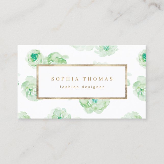 Modern watercolor floral green gold professional business card (Front)