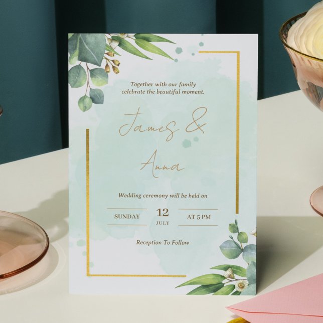 Modern Watercolor Floral Green & Gold  Wedding Invitation (Creator Uploaded)