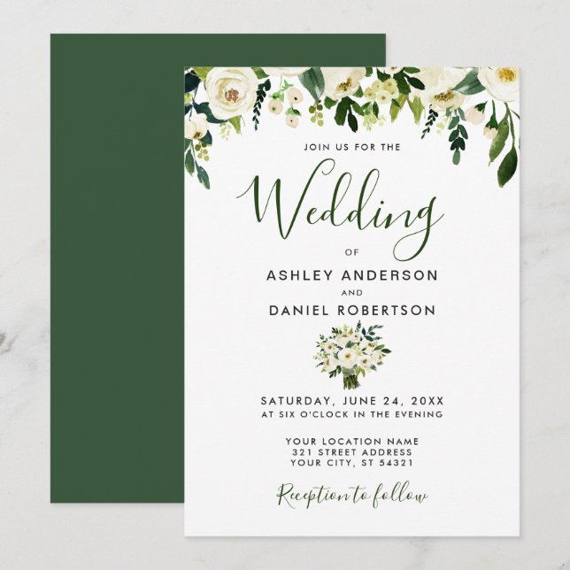 Modern Watercolor Floral Green Wedding Invite (Front/Back)