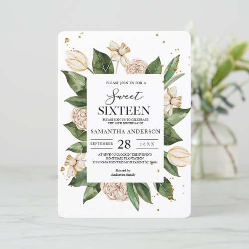 Modern Watercolor Floral Green  Yellow Frame Invitation