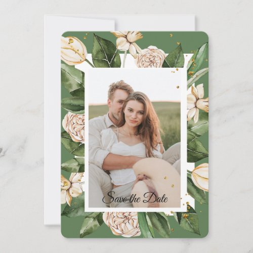 Modern Watercolor Floral Green  Yellow Frame Save The Date