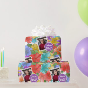 Modern Watercolor Floral Happy 21st Birthday Photo Wrapping Paper
