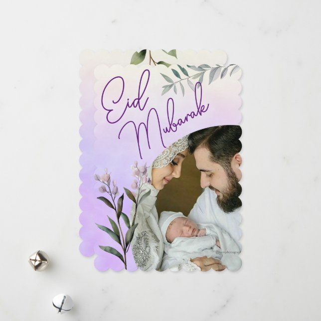 Modern Watercolor Floral Islamic Eid Mubarak Photo Holiday Card (Front/Back In Situ)