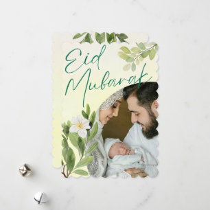 Modern Watercolor Floral Islamic Eid Mubarak Photo Holiday Card