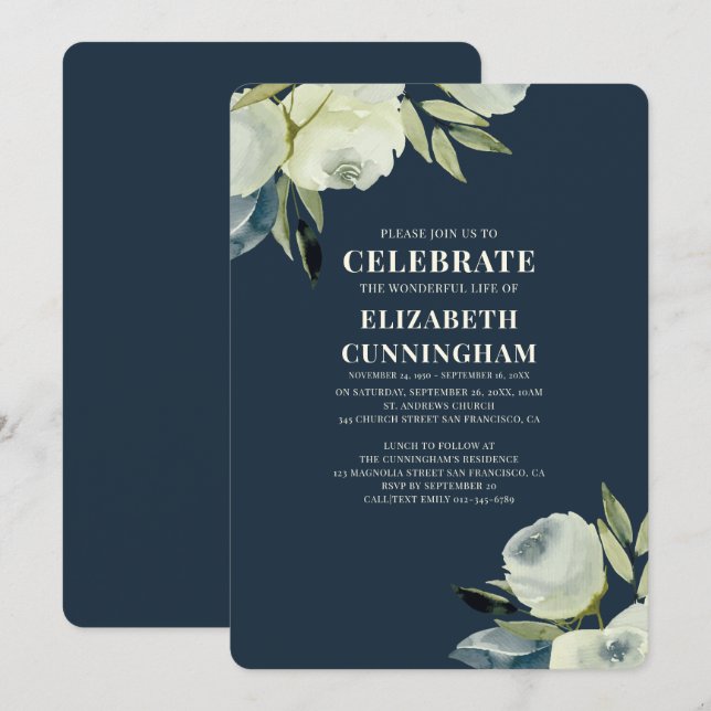 Modern Watercolor Floral Memorial Invitation (Front/Back)