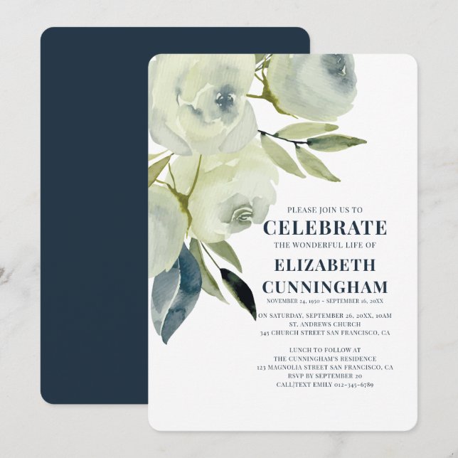 Modern Watercolor Floral Memorial Invitation (Front/Back)