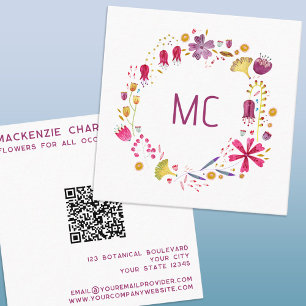 Modern Watercolor Floral Monogram QR Code Square Business Card