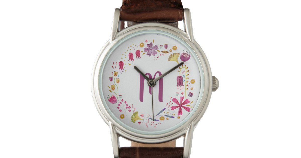 Modern Watercolor Floral Monogram Watch | Zazzle