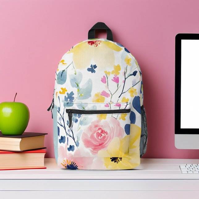 Modern Watercolor Floral Monogrammed Printed Backpack (Creator Uploaded)