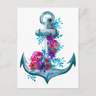 Modern Watercolor Floral Nautical Blue Anchor Postcard