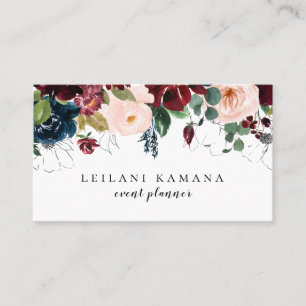 Modern Watercolor Floral Navy Blue Business Card