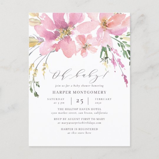 Modern Watercolor Floral Oh Baby Baby Girl Shower Invitation Postcard | Zazzle.com