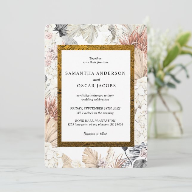 Modern Watercolor Floral Orchid Gold Frame  Invitation (Standing Front)