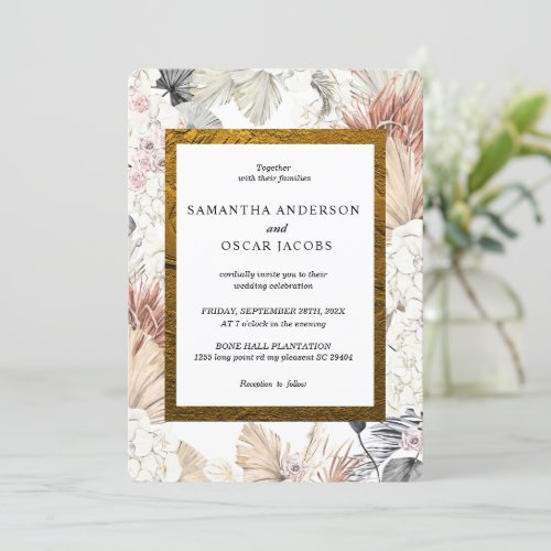 Modern Watercolor Floral Orchid Gold Frame  Invitation