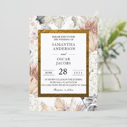 Modern Watercolor Floral Orchid Gold Frame  Invitation