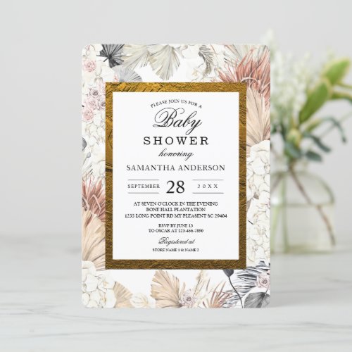 Modern Watercolor Floral Orchid Gold Frame  Invitation