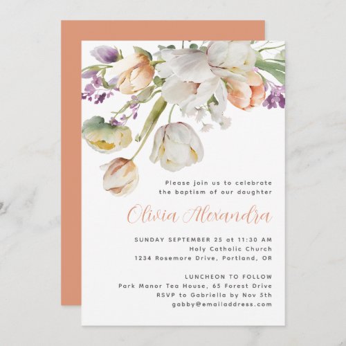 Modern Watercolor Floral Peach Baptism Invitation