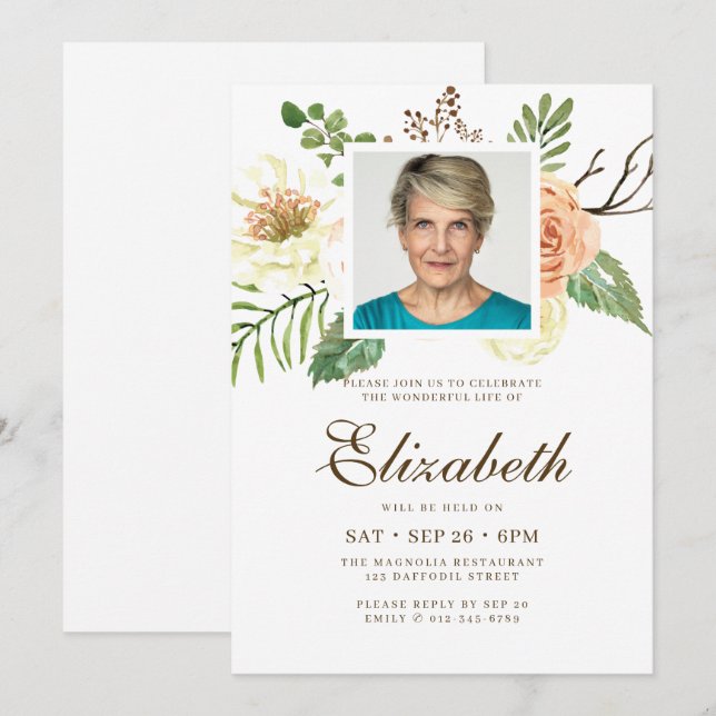 Modern Watercolor Floral Photo Celebration of Life Invitation (Front/Back)