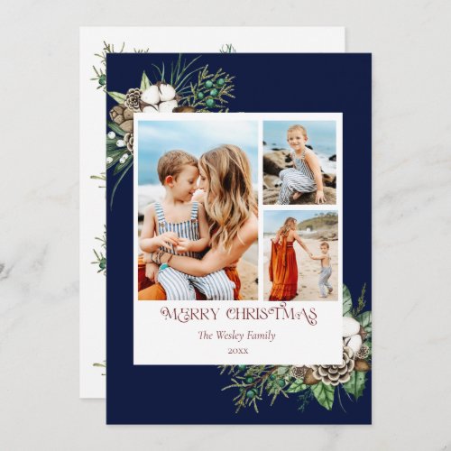 Modern Watercolor Floral Photo Christmas Card