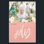 Modern watercolor floral photo script calendar<br><div class="desc">Modern,  graphic hand written style multi photo calendar design. Stunning peach and green watercolor floral and foliage illustrations. Background colors can be changed to suit your style.</div>