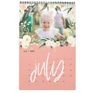 Modern watercolor floral photo script calendar