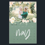 Modern watercolor floral photo script calendar<br><div class="desc">Modern,  graphic hand written style multi photo calendar design. Stunning peach and green watercolor floral and foliage illustrations. Background colors can be changed to suit your style.</div>