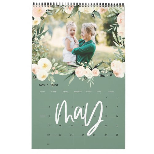 Modern watercolor floral photo script calendar