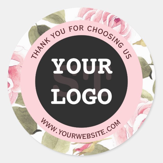Modern Watercolor Floral Pink Black Classic Round Sticker (Front)