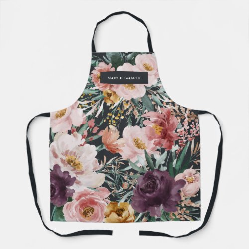 Modern watercolor floral pink black girly elegant apron