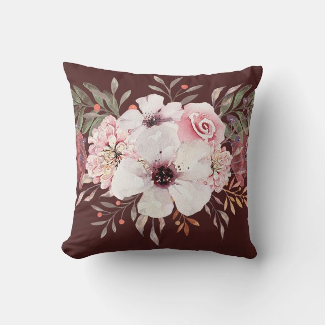 Modern Watercolor Floral Pink Burgundy Throw Pillow (Front)