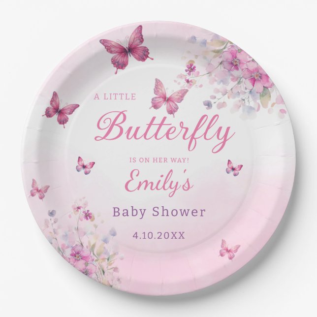 Modern Watercolor floral pink butterfly girl  Paper Plates (Front)